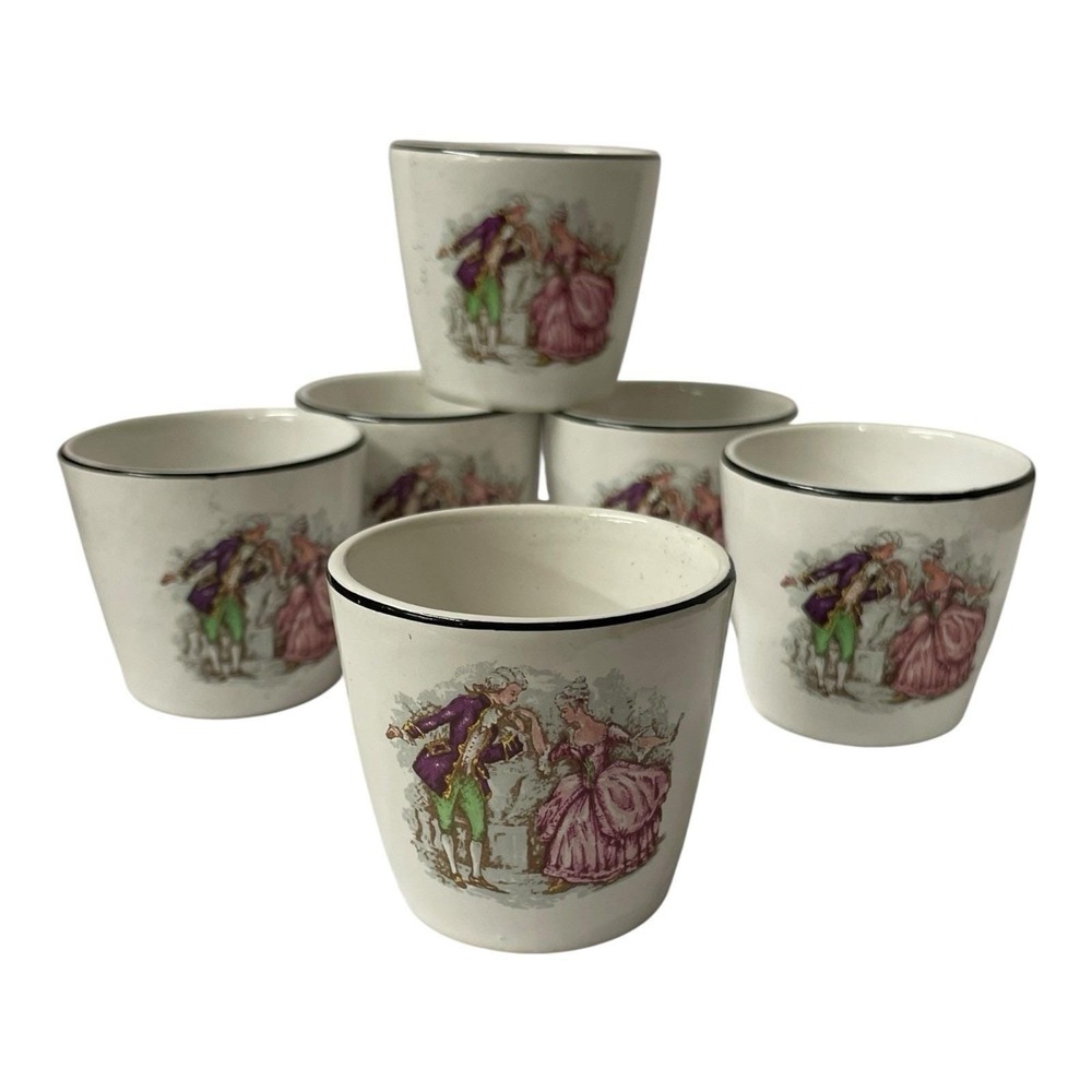 Loucarte Ceramic Egg Cups Set Of‎ 6 Porcelain Enamel Rococo Courting Scene